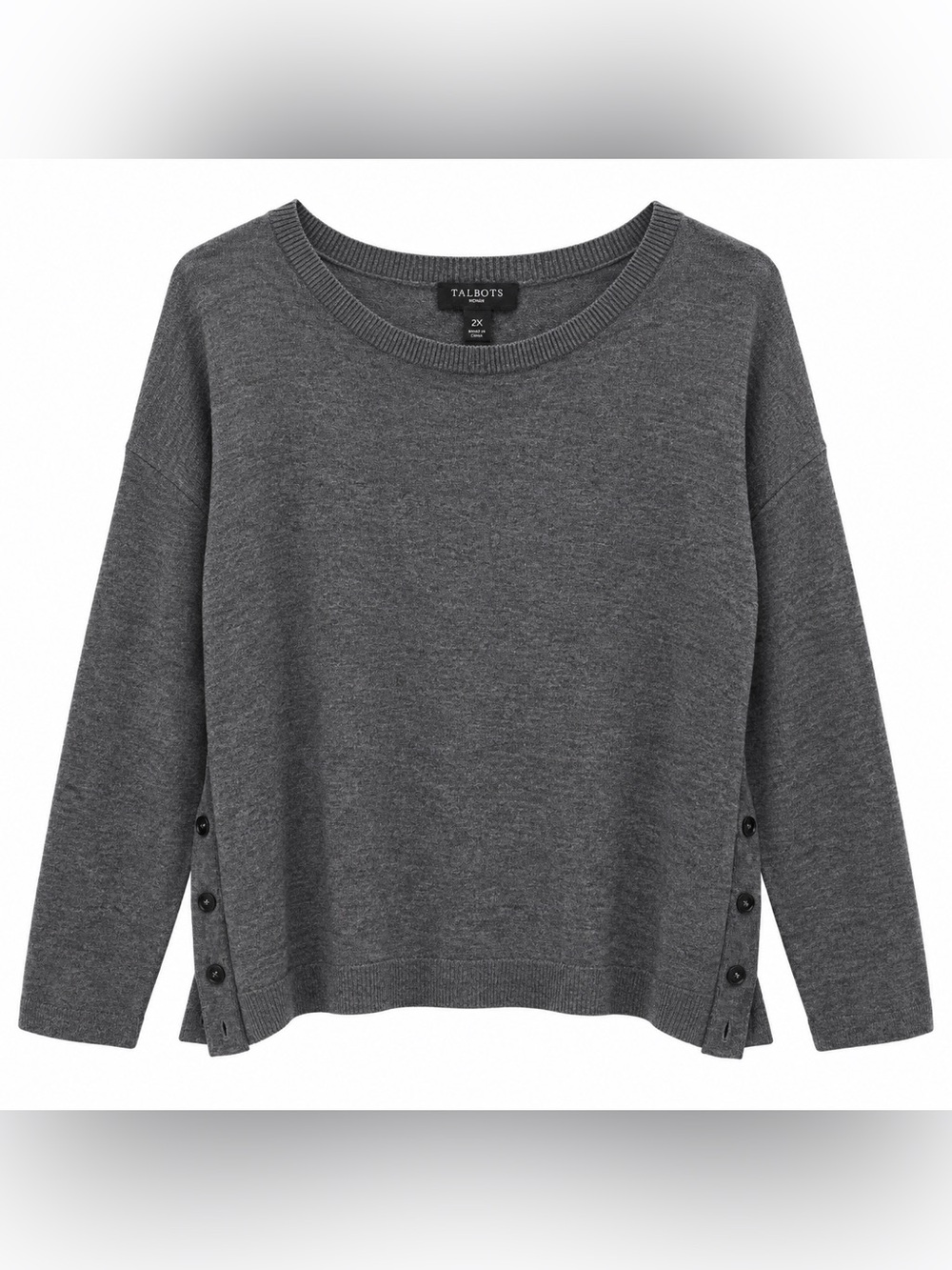 Talbots Woman 2X Gray lambsWool Blend Oversized Tunic Sweater Side Button Slit